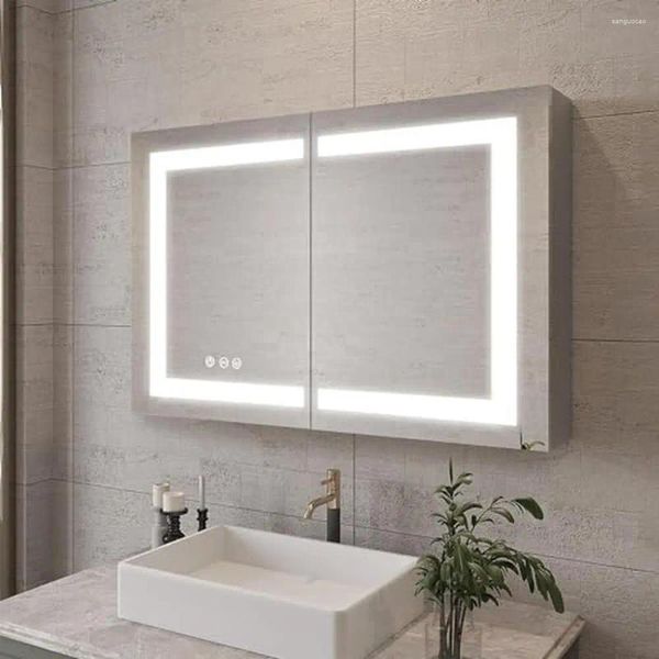 Aufbewahrungsboxen 36x24 LED beleuchtete Badezimmerschrank mit Anti-Fog-Spiegel-Oberflächenmontage Verstellbare Regale wasserdichte Aluminiumlegierung