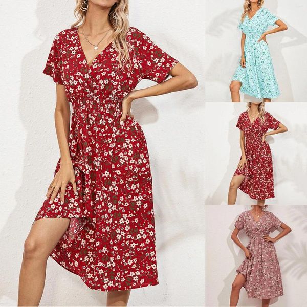 Lässige Kleider eleganter gedruckter Strand Midi Frauen Sommer V-Ausschnitt Kurzarm Imperium Taille A-Line-Kleid Sunddress Vestido Roben