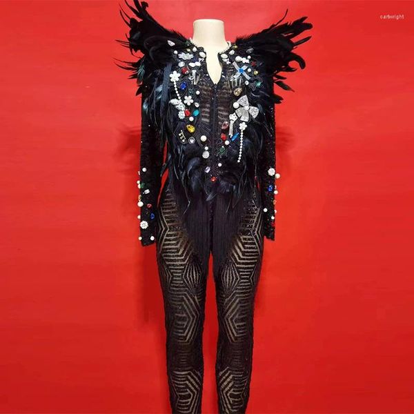 Abbigliamento da palcoscenico Black Feather Gogo Dance Clothing sexy Shinestones Bodysuit Singer Singer Festival Outfit Festival VDB7111