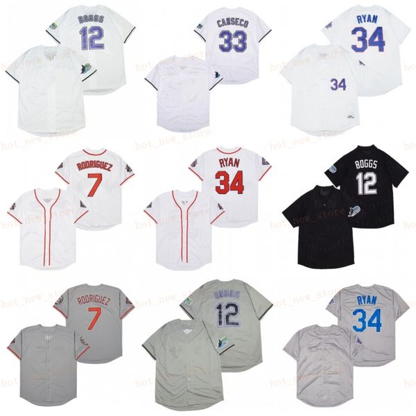 Pensionierte 12 Wade Boggs Baseball -Trikot 33 Jose Canseco 7 Ivan Rodriguez 34 Nolan Ryan 1988 Vintage Retro Cooperstown Mesh genähten Pullover