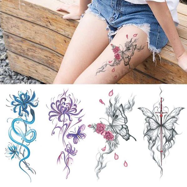 Trasferimento tatuaggio Snake colorato Flori impermeabile Adesivo da tatuaggio temporaneo Beauty Women Women Butterfly Daffodil Rose Lotus Paint Tattoos finto 240427