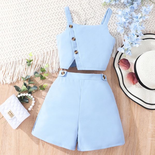 2024 Girls Set Summer Fashion Fashion Strap shorts TERNO BULTOL BULTER SOLIDO CASUAL BIGH CRIDADE ROPOS 7 8 9 10 11 12 ANOS 240425