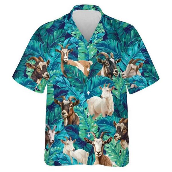 Camisas casuais masculinas cabra Hawaiian 3D camisetas de praia impressas Camisa gráfica de cabras de flores para homens ovelha animal aloha blusas de manga curta 240424