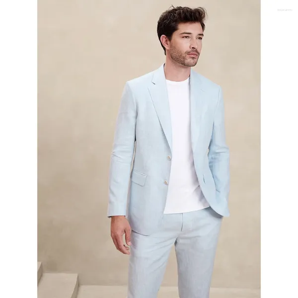 Ternos masculinos linho de verão azul claro azul solto solto traseiro de ventilação de lapela de lapela casual alfaiate feito com calças de calça de 2 peças de 2 peças