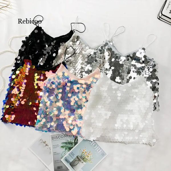 Camicie nuove grandi paillettes chic chic estate top top sexy bling bling bling crop party bar club slim top top femme