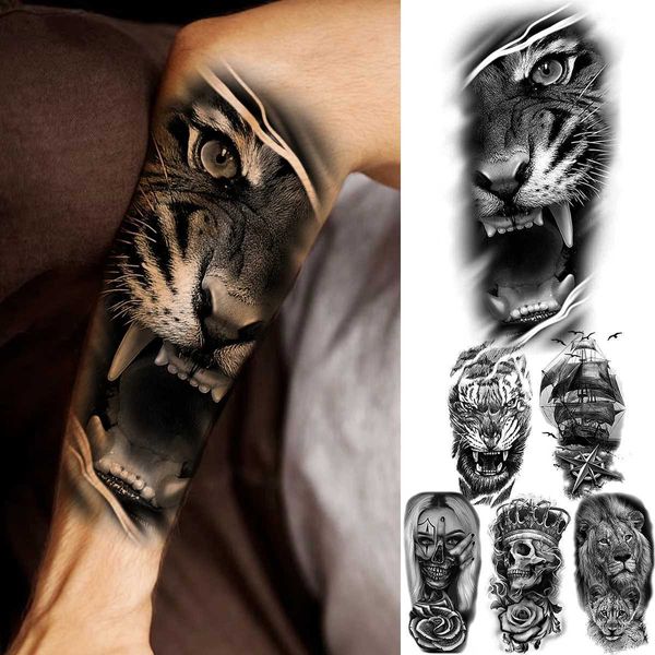 Tatuaggio Tigre Nero Tigre Tiger Tiger Avambraccio temporaneo per uomini Donne adulte Ship Skull Flower Lion Falso Tatuaggio A impermeabile a mezza manica Tatoo 240426