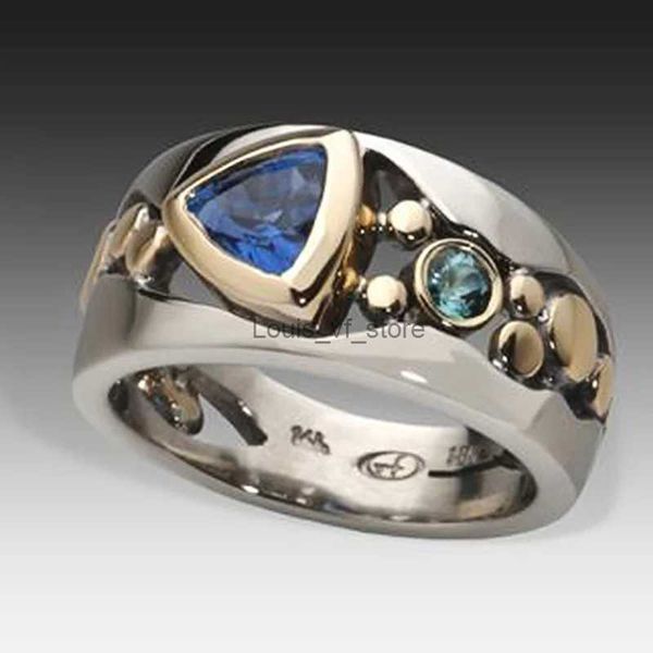 Bandringe elegante Frauen in Silber und Goldfarbe Mode Ring Hohlausgelindete Blue Stone Engagement Ringe für Hochzeit Schmuck H240425