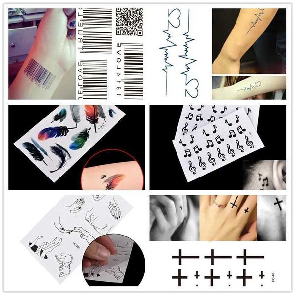 Trasferimento tatuatore 1pc Impermeabile impermeabile per tatuaggi Body Art Acqua Trasferimento d'acqua Feather Note Cross Barcode Tattoo TATTOO TATTOO 240427