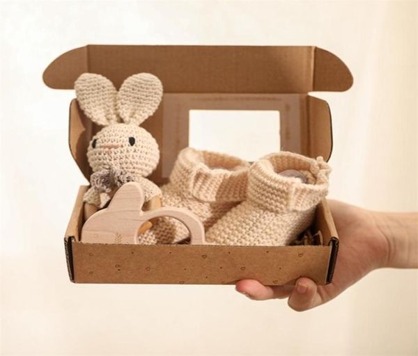 3PCSset Baby Rattle Rabbit Hand Crochet Shoes Conjunto para 012 meses de madeira Brinquedos de madeira de madeira para bebê Conjunto de presentes de nascimento 2207144345841