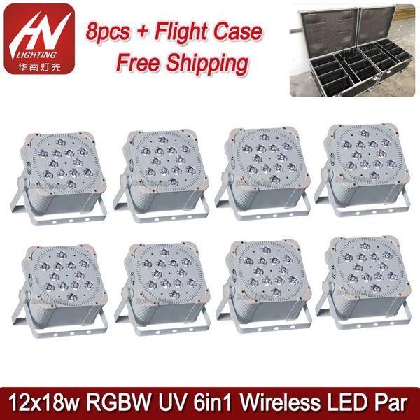 8pcs mit Fly Case Wireless LED -Leuchten für Hochzeit 12 18W Batterieantrieb flacher Leuchten Wifiremote DJ Uplighter254i