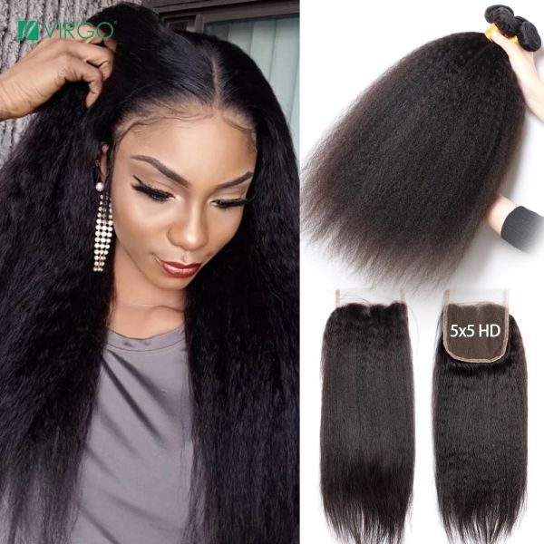 Wigs Virgo 5x5 HD Fechamento de renda com feixes de cabelos humanos retos com feixes com fechamento Yaki Virgin Hair Retirada Virgem 30 polegadas
