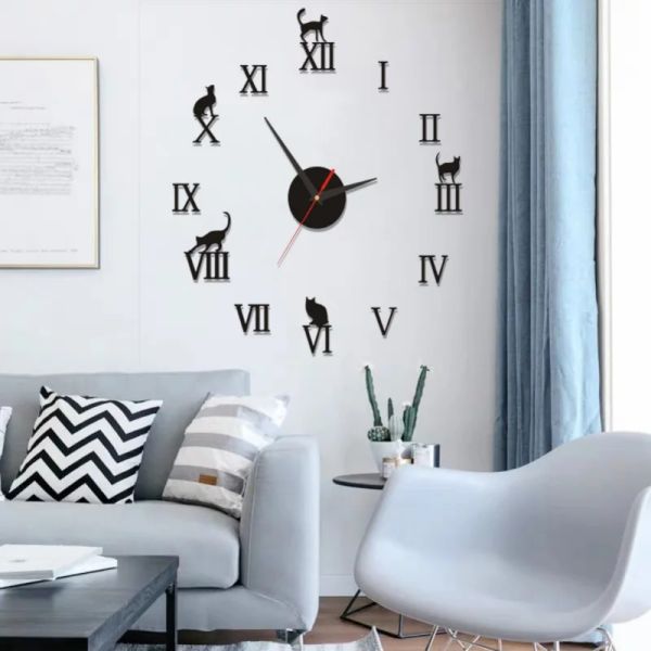 Часы современный домашний декор настенные часы Краткие римские номера зеркало DIY часы цифровые часы Quartz Living Room 3D Design Design Wall Sticker