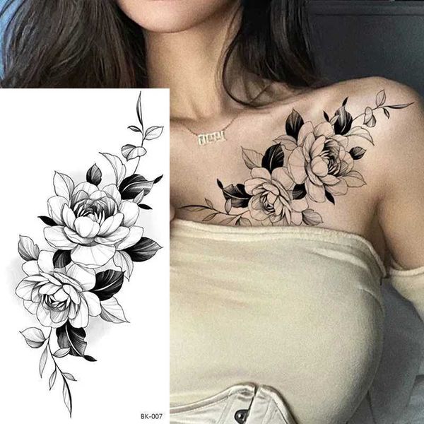 WS9A Tattoo Transfer Sketch Sketch Sketch Tattoo Rose Blossoms Черно -белые цветы временные татуировки размер 240426