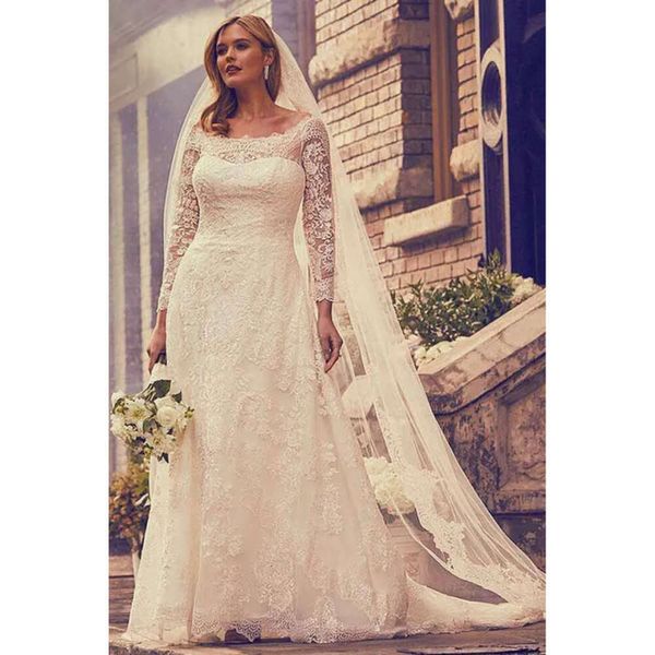 Ein Kleid langer Vintage -Ärmelspitze mit Linie Scoop Hals Country Style Plus -Größe Hochzeitskleider Sweep Zug Frühling Elegante Brautkleider Es