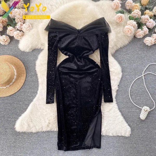 Vestidos casuais 2024 Moda Sexy Black Velvet Ruffle Mesh Mesh de colar de uma linha de manga longa Slit Dress Slim Bodycon Party Nightclub