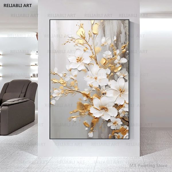 Abstract Gold Leaf Floral White Flower Oil Painting su tela, poster, moderno carta d'arte da parete per la parete casa decorativa, senza incorniciatura