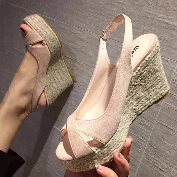 Cross Band Peep Toe Platform Sandals Women Brand Straw Bottom High Heels Summer Wedges Sapatos Mulher rebanho Gladiador Sandalias 240423