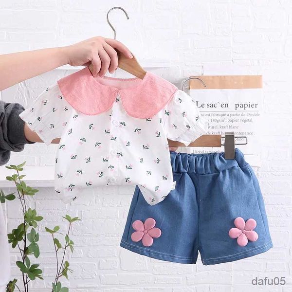 Roupas conjuntos de roupas verão fofo doce doce meninas de roupas florais conjuntos de gola de colarinho de boneca de moda+ shorts de jeans 2pcs terno meninas roupas de meninas