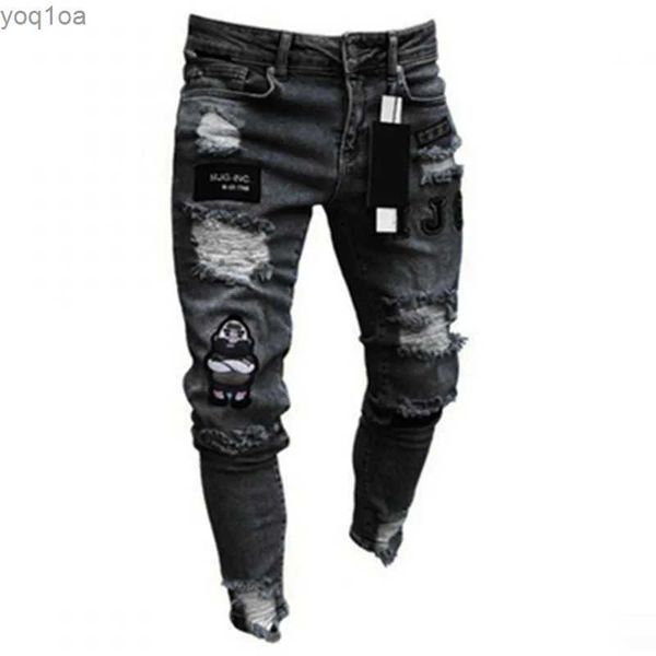 Herren Jeans Herren Elastizität Tränen enge Fahrrad BH -Cartoon gedruckt Jeans beschädigtes Loch Schlanker Fit Denim hochwertiger Hip Hop Black Jeansl2404