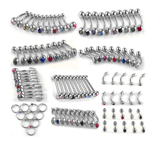 100pcs Conjunto punk aço inoxidável Cristal de aço da barriga sobrancelha do nariz Ringas de barra de corpora jóias de piercing 10 estilos acessórios2486577