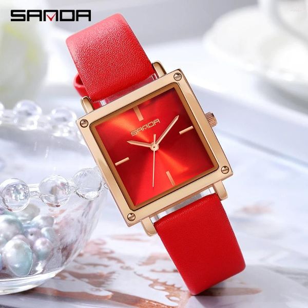 Наручительные часы Sanda Women Square Sport Watch The Fashion Leather Strap Analog Quartz. Начатые часы Big Dial Vintage Elegant Ladies Watch Reloj