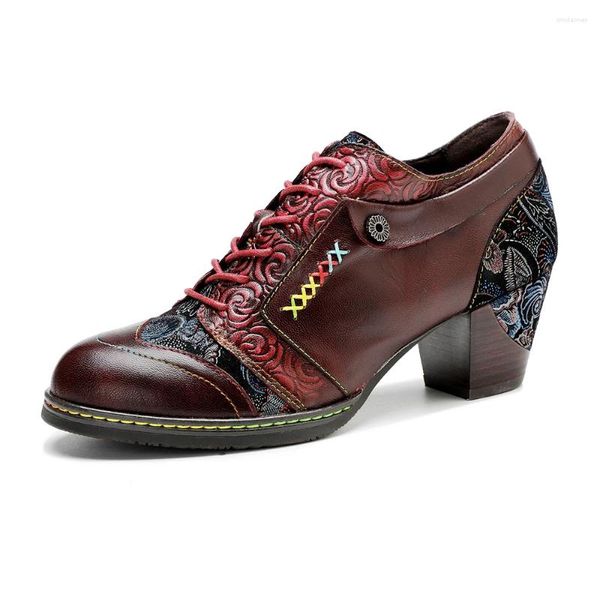 Scarpe eleganti in pelle genuina pompe Oxford spazzolate a mano per donne cuciture stampate con tacco spessato con tacco da donna con tacchi alti