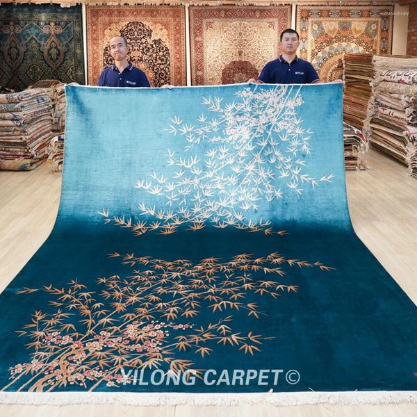 Teppiche 8'x10 'Chinesischer Seidenteppich Art Deco Bambus Pflaumen Design Handknotteppiche
