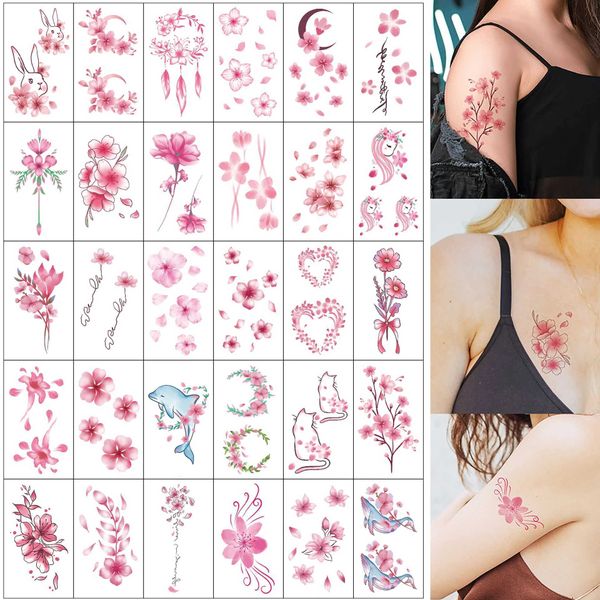 Transfer per tatuaggi 30 pezzi di fiore di fiore di ciliegio adesivi per tatuaggi temporanei 240426