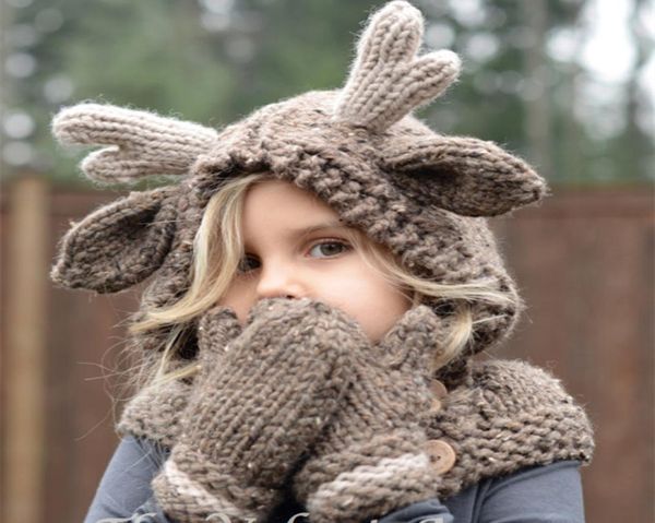 Bambine inverno natalizio di cappello da alci guanti per bambini con cervo cartone animato cappellini a maglia maglietta