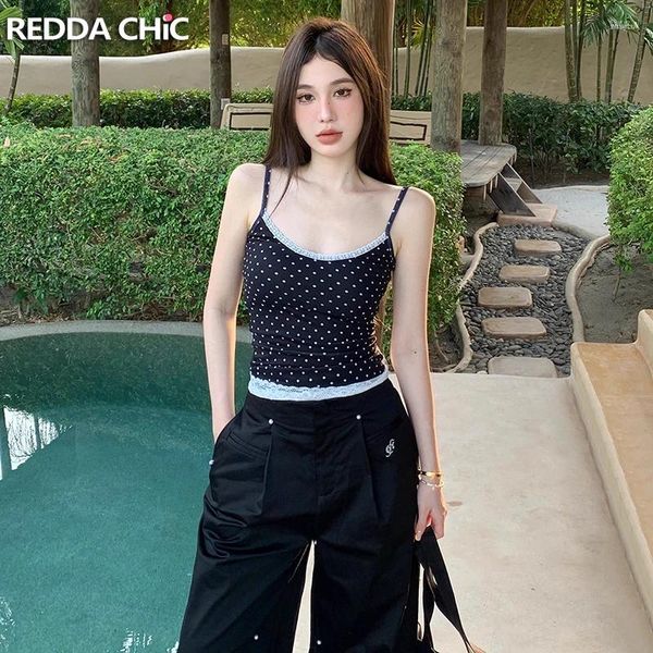 Tanques femininos Reddachic 90s Retro Polka Dot Camisole Stretch Slim Trimpar Patchwork Crop Top Summer Manuseless Roupas coreanas Roupas