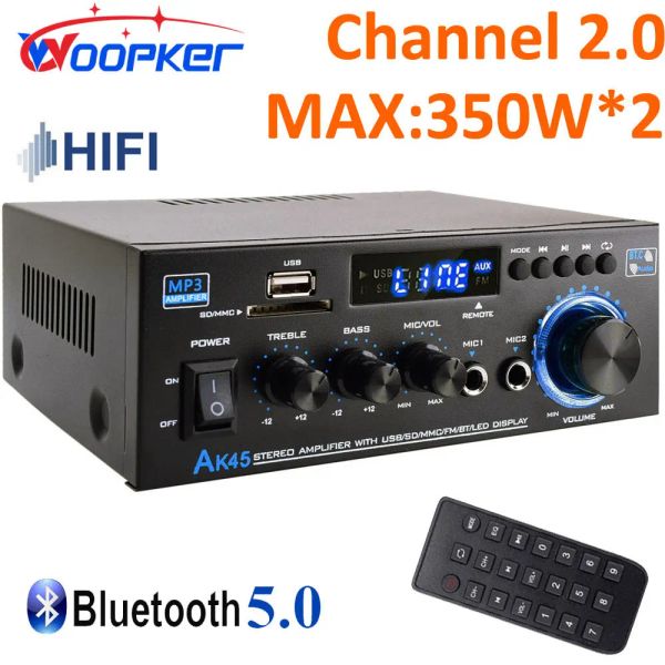 Amplificador woopker hifi amplificador digital AK45 Bluetooth MP3 Channel 2.0 AMP de som de som 90v240v para carro doméstico max 350w*2