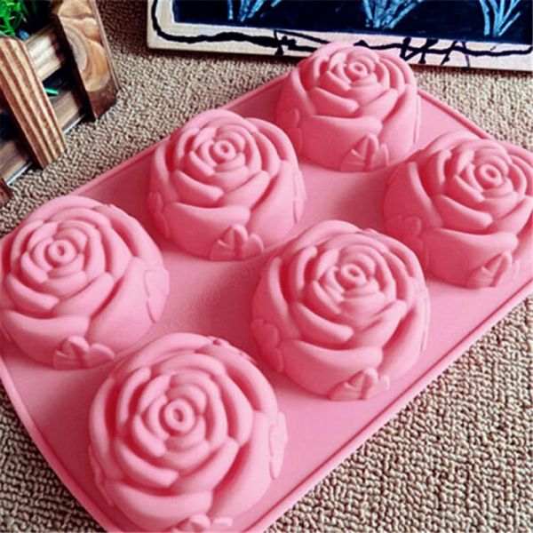 Stampi in silicone 6 fori fiore rosa gelatura ghisa sapone cioccolato 3d cupcake forme da forno a forme da forno muffin muffin stampo