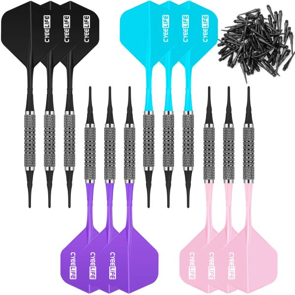 DARTS CyeElife 12/14G Soft Tip Darts Установите 12 пакетов с 4 цветами с одним кусочком, 100 пластиковыми точками (4 цвета каждые 25 шт.