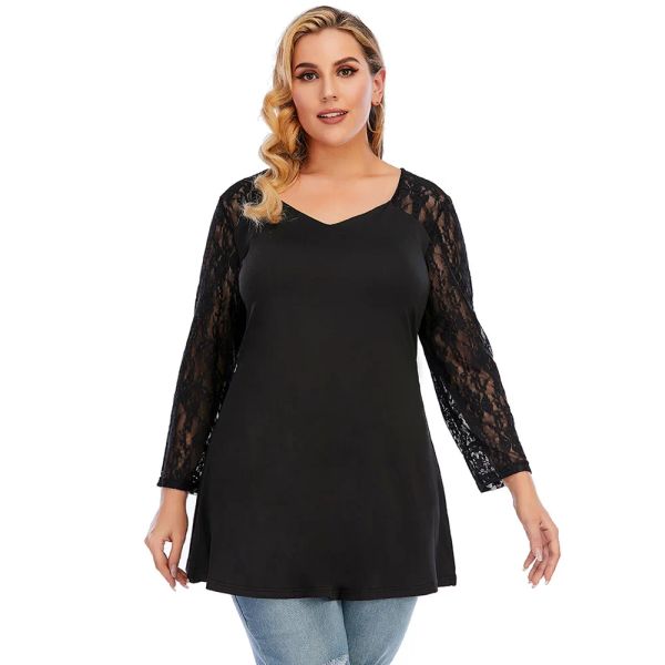 Tops 2021 Thirt da donna Plus size 4xl 5xl Femme V Neck Lace Trota casual in pizzo