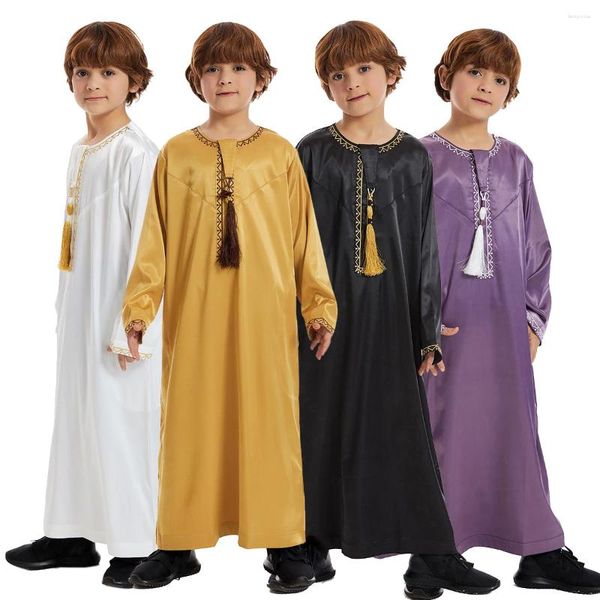 Abbigliamento etnico ragazzi musulmani abiti rotondi colletti ricamato a maniche lunghe abito a maniche lunghe abito saudita abaya kaftan jubba thobe islamic