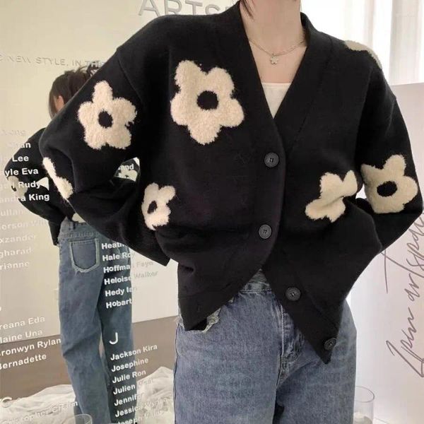 Damen Strick Frühling Womens V-Ausschnitt weißes Blumenmuster Schwarz gestrickter Strickjacke Sweater