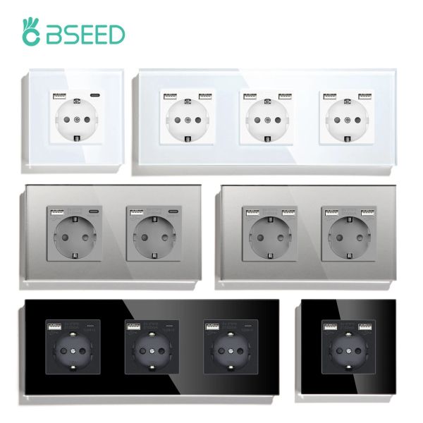 Controla o soquete da UE de parede única BSEED com interfaces USB TypeC 2.1a tomadas de energia dupla Tripla Electric Sockets 16A Painel de vidro