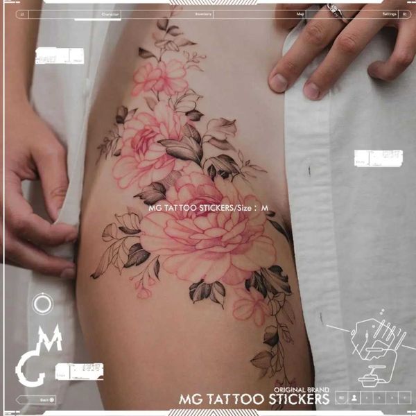 Tattoo Transfer Pink Flower Tattoo Aufkleber Set für Frauen gefälschte Tattoo Hüfte Schulter sexy wasserdichte Tattoo dauerhafte Kunstaufkleber Temporäres Tattoo 240427