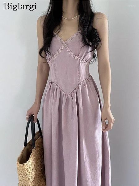 Повседневные платья джинсовая розовая летняя рукавица скользить платья без спинки, женщины стройные модис v-обратный женский женский корейский стиль плиссированная женщина