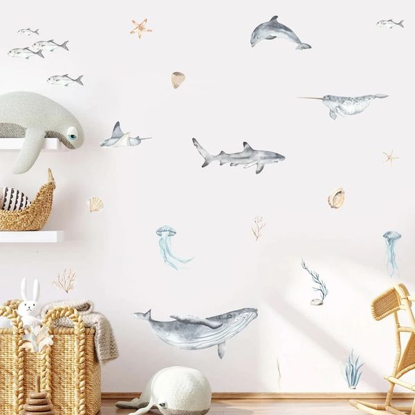 Whale Hai Delphin Seesterne Qualle Aquarell Wandaufkleber Abnehmbares Vinyl -Aufkleber Wanddekoration Wohnzimmer Wohnzimmer 240426