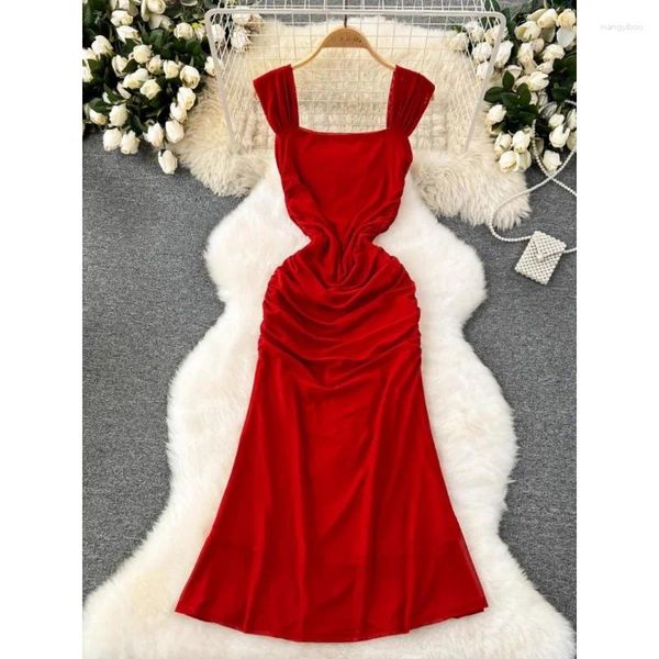 Lässige Kleider Frauen Vintage Gurt Party Kleid Sommer Mode Square Kragen Design elegant enge Taille Schlanker Look lang lang