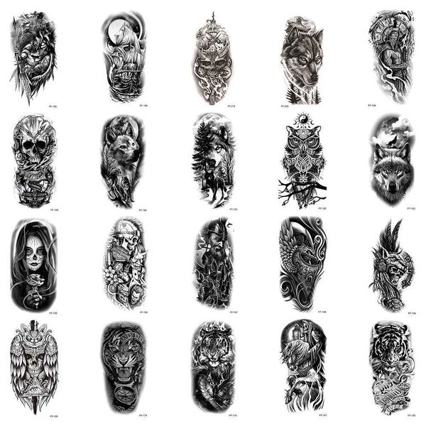 Transferência de tatuagem 20pcs/água à prova de água temporária Fake Tattoo Stickerwater Decalsdark Skull Owl Tiger Wolfcool Beauty Makeup Body Art 240426