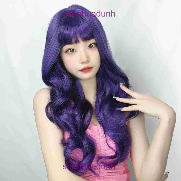 Cabelo de anime Purple Long Waves Grandes Cosplay Props Curly Tampa toda a cabeça da cabeça Betas de cinta curta