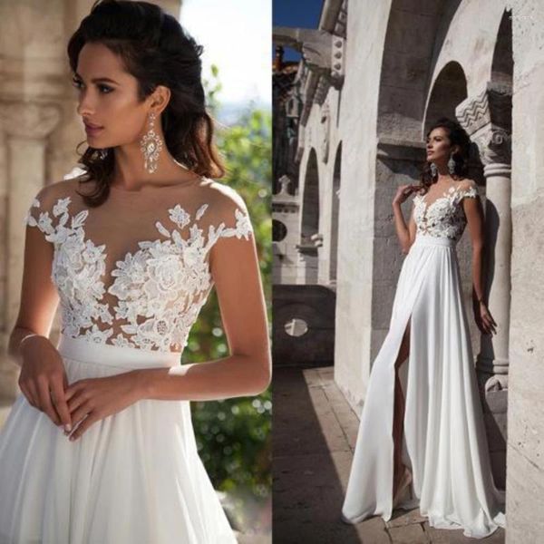 Partykleider weiße Spitzen Applikationen O-Neck Abendkleid Kurzarm bodenlange Split-Sweep-Zug Langes Kleid Elegante Braut Hochzeit