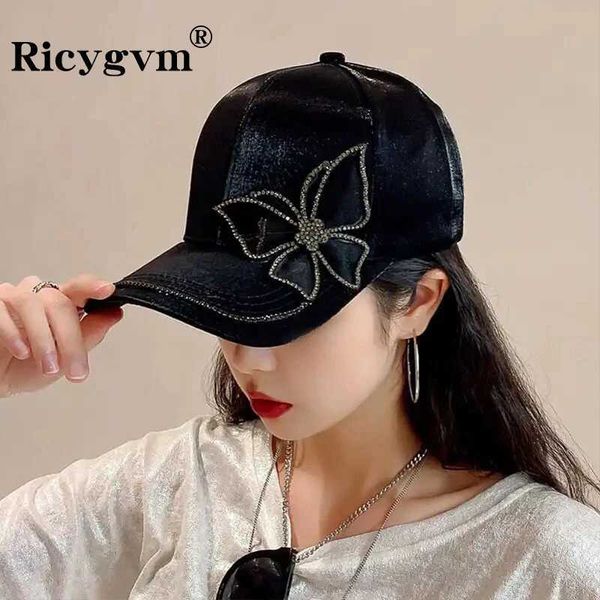 Balfano taps Butterfly Rhinestone Women Baseball Cap Chic Fashion Female Cappello a punta Shiny Silk Satin Lady Cotail Cotail Obilnet Long Brim Sun Visor J240425