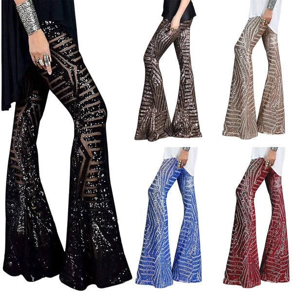 Capris Women Cleod Widleg Pants adulti Casualisti casuali Pantaloni di paillettes Highwatin Black / Albicot / Brown / Red Blue