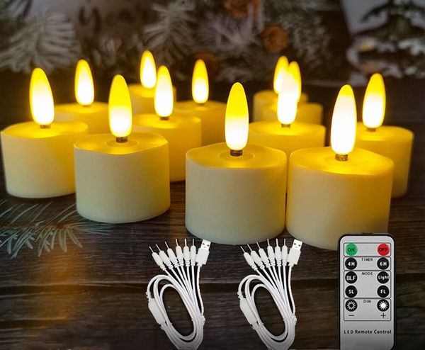 Set di 6/12 controllata con tè a LED TIMER LED LED USB USB ricaricabile ricaricabile White White 3D Lampada a candela tremolante F/Party 240416