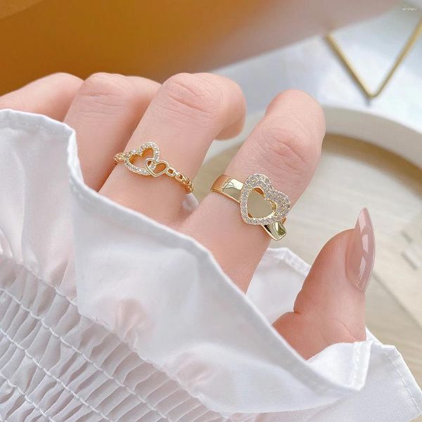 Ringos de cluster 14K Gold Bated Jewelry Micro-Set Zircon Love Simples Double Ring Peach Heart Sweet for Woman Elegante