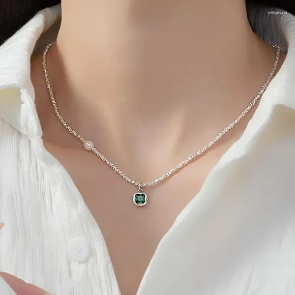 Anhänger 925 Sterling Silber Halskette Grüne Quadrat Perle unregelmäßige Perlen Geometrisch für Frauen Mädchen Schmuck Geschenk Drop Großhandel Großhandel