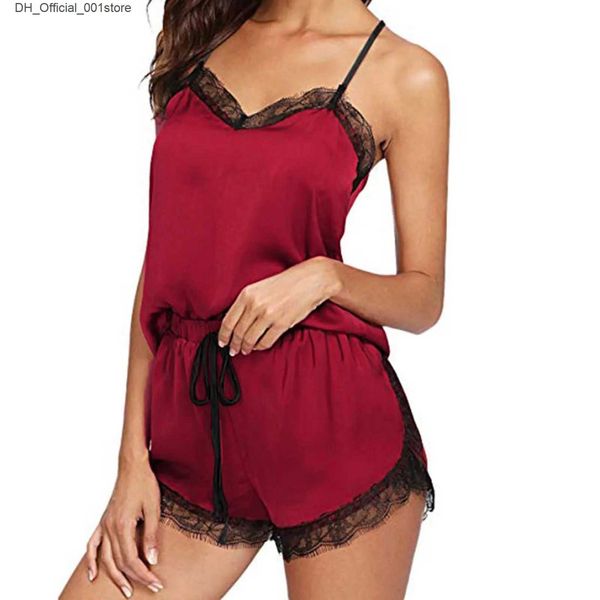 Sexy Set Dessous Womens Pyjamas ohne Ärmel Schultergurte Pyjama Dekorationen Satin Cami Tops Sets sexy pornografischen Körper Q240426